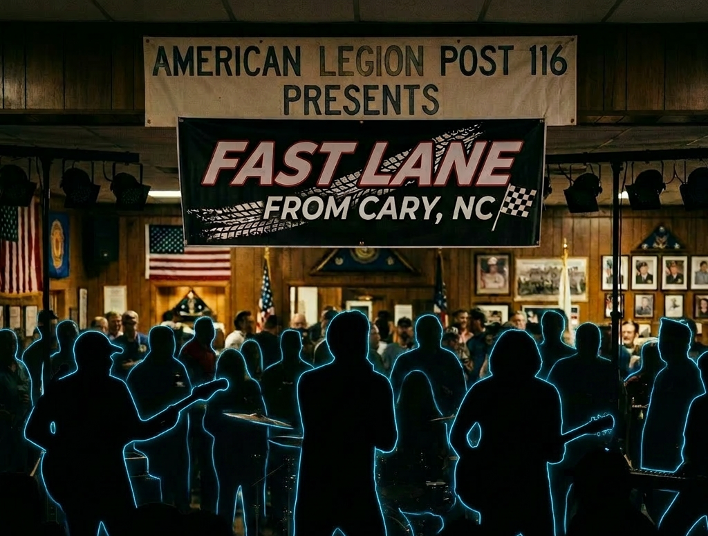 Fast Lane Band performing live on stage at American Legion Post 116 with audience watching